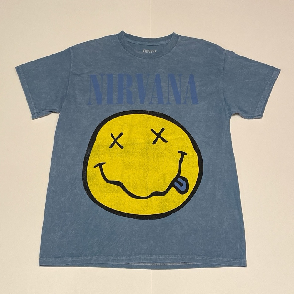 NIRVANA SMILEY FACE FADED BLUE T SHIRT (MEDIUM)